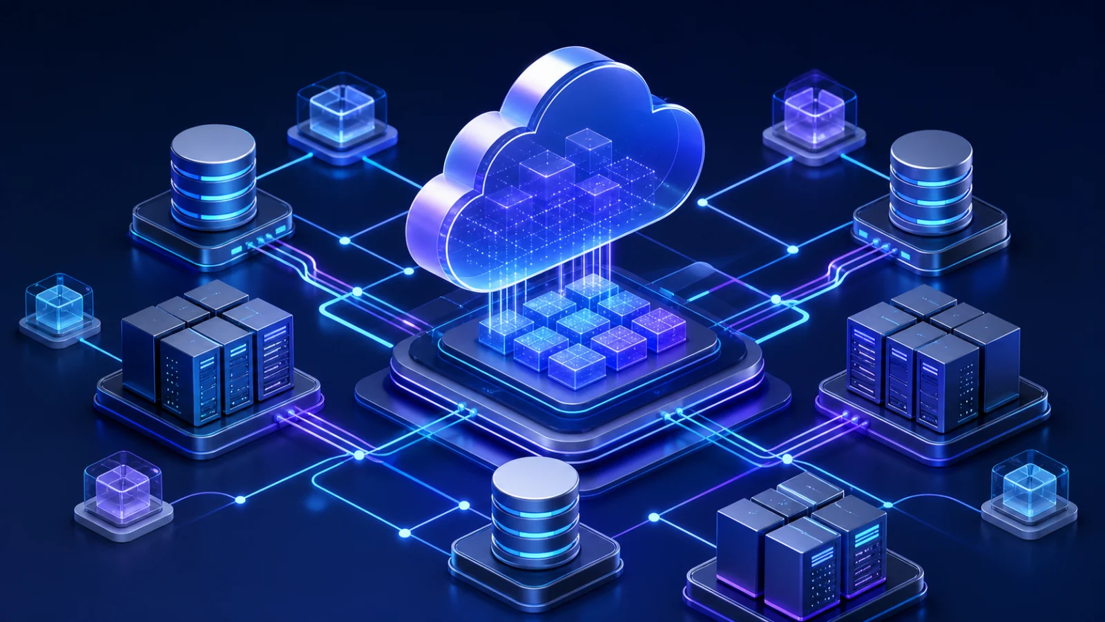 Cloud architecture connecting compute, storage, databases, and scalable networking