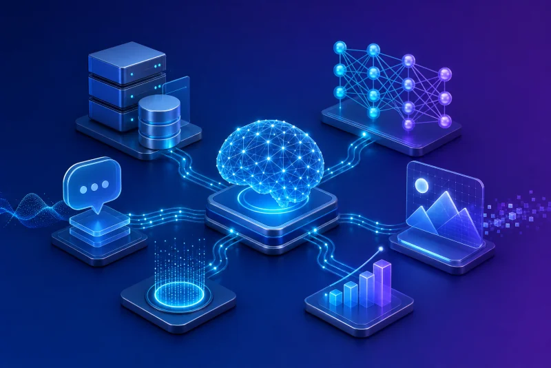 Artificial intelligence system connecting data, neural networks, language, vision, and predictions