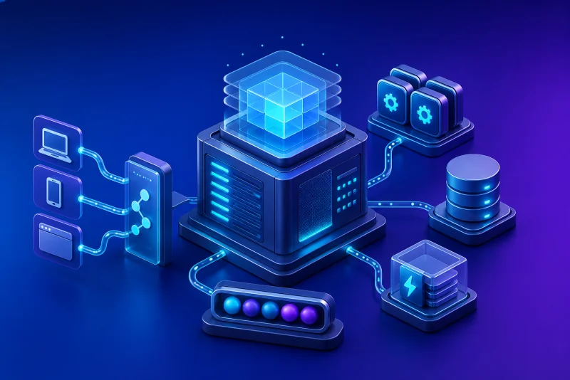 Backend application coordinating APIs, services, databases, queues, and caching