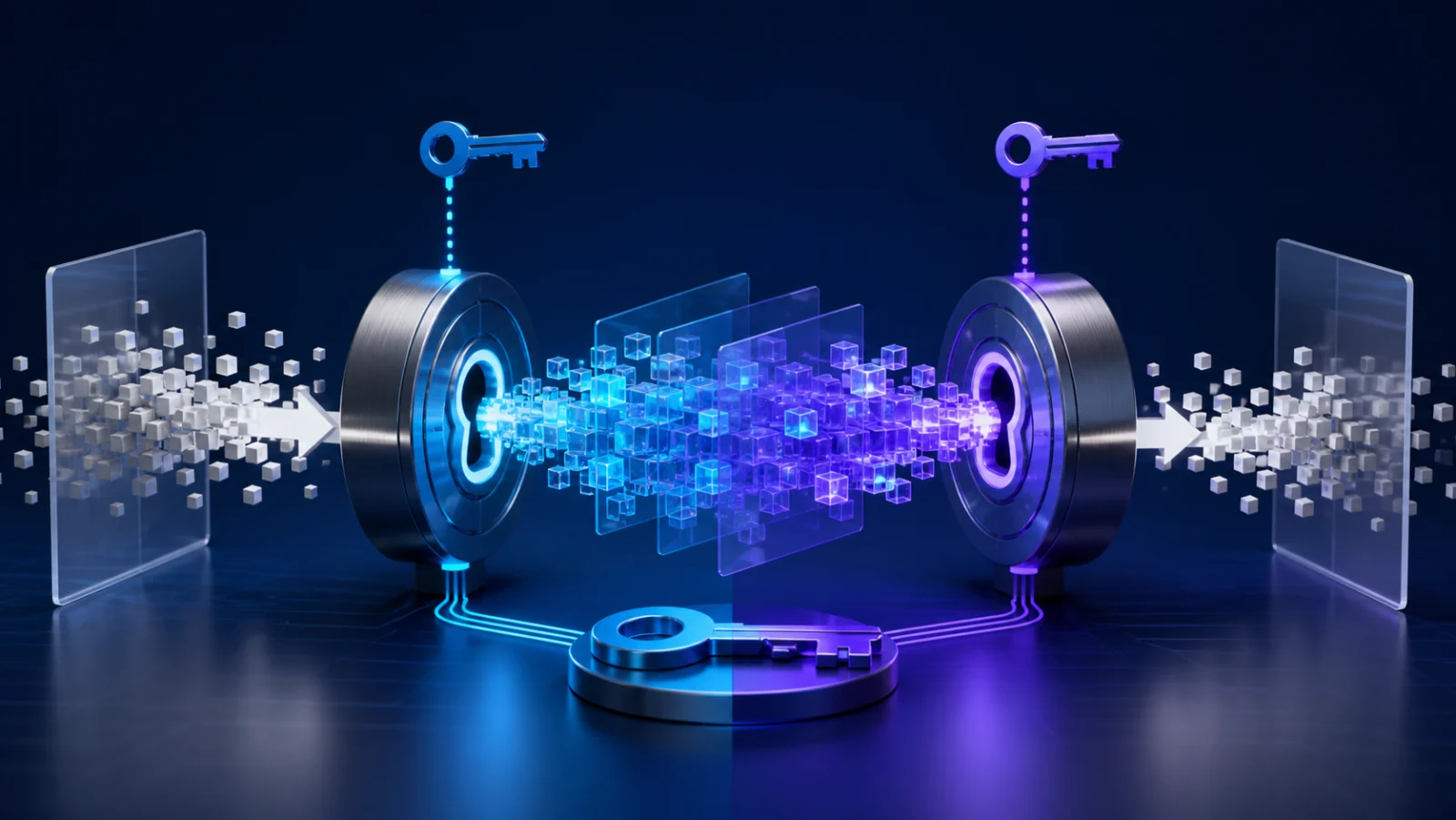 Data transforming through encryption into protected information using a secure key