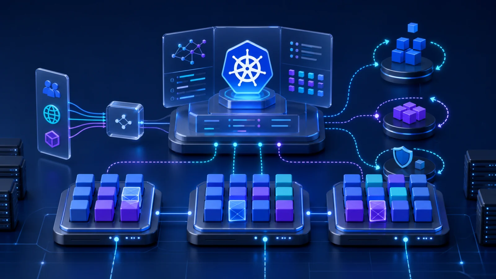 Container orchestration cluster balancing pods, services, scaling, and recovery