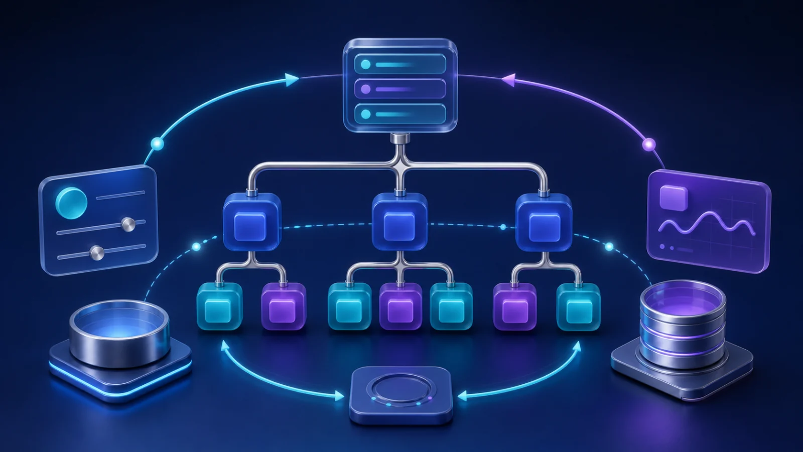 Interface component tree connected through reusable state and effect flows